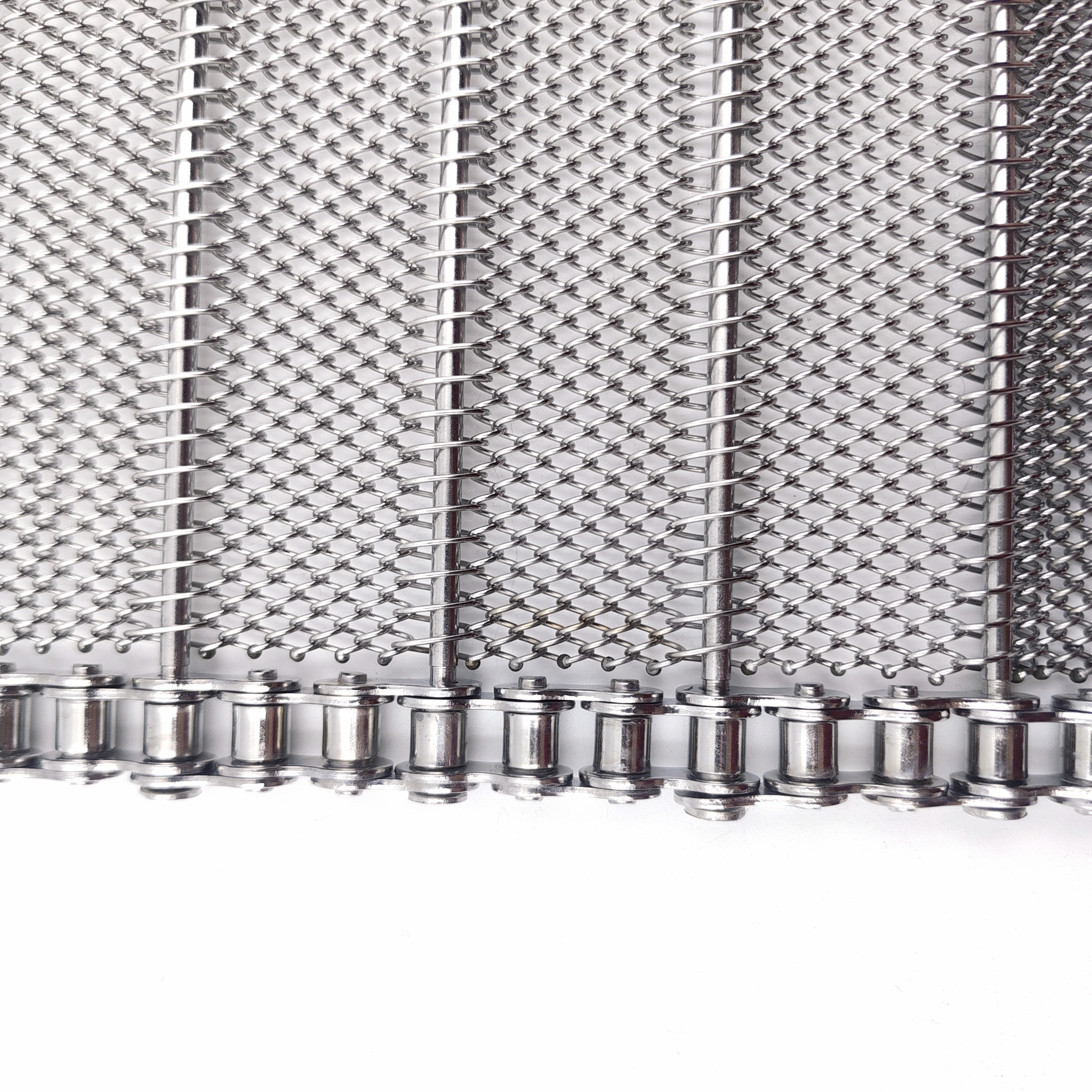 Chain driven belt mesh surface and roller detail