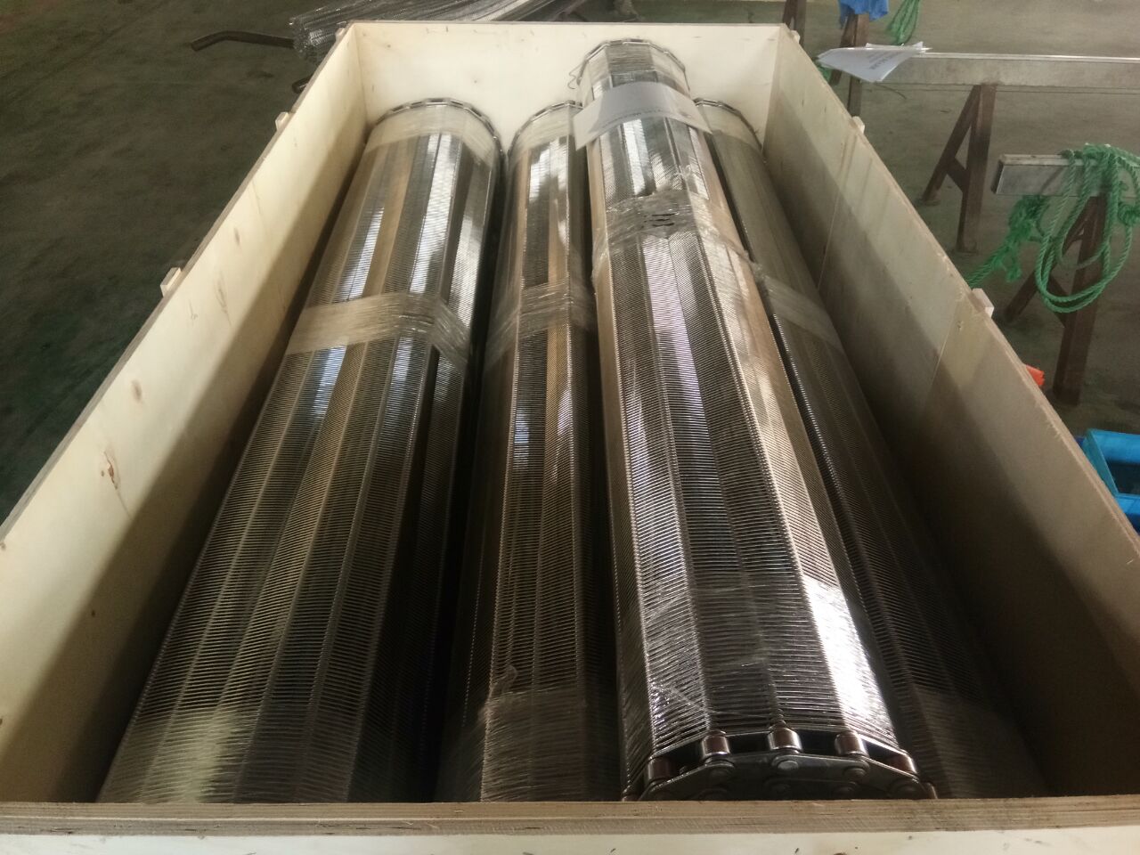 Packed metal conveyor belt prepared for export delivery
